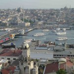 View of the Galata Bridge from Galata Tower Bopshorus and Golden Horn Boat Traffic