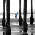 Pismo Beach Pier and Surfer B&W with Blue Board