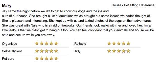House Sitting Reference from Mary on Trusted House Sitters – ROVING JAY